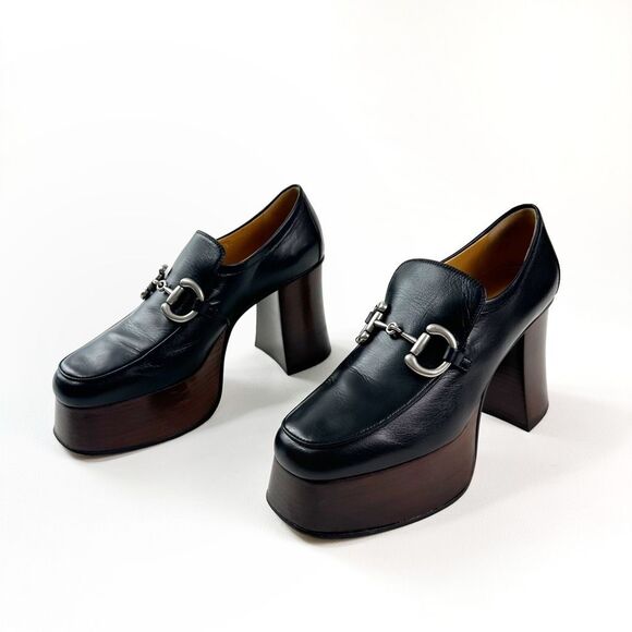 GUCCI Black Baby Horsebit Platform Heeled Loafer Size 38 US 8 Leather Chunky - Picture 1 of 15